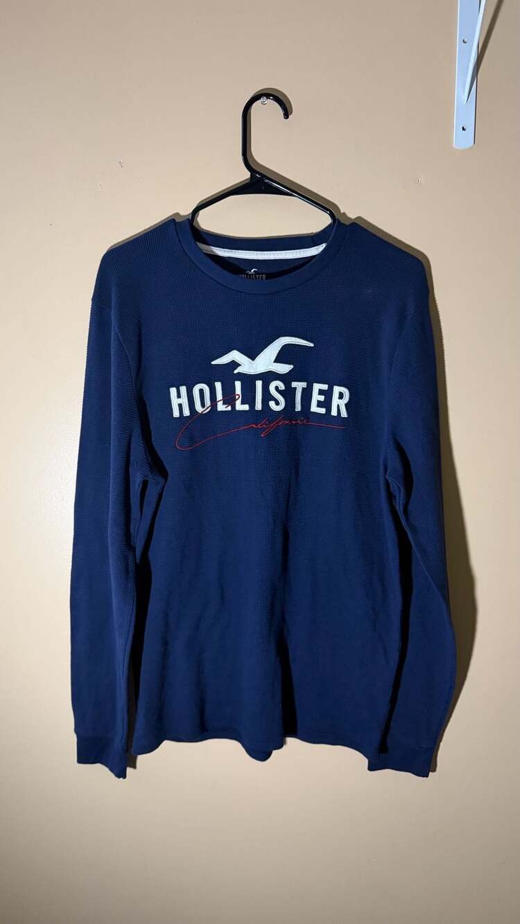 Hollister Men's Blue Thermal Long Sleeve Crewneck Logo Graphic Shirt Size L